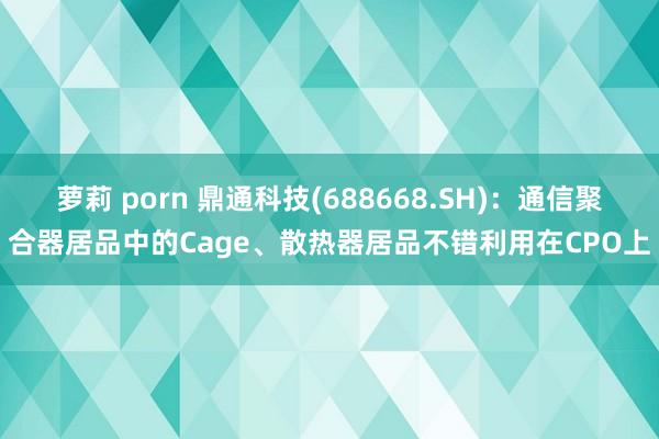 萝莉 porn 鼎通科技(688668.SH)：通信聚合器居品中的Cage、散热器居品不错利用在CPO上